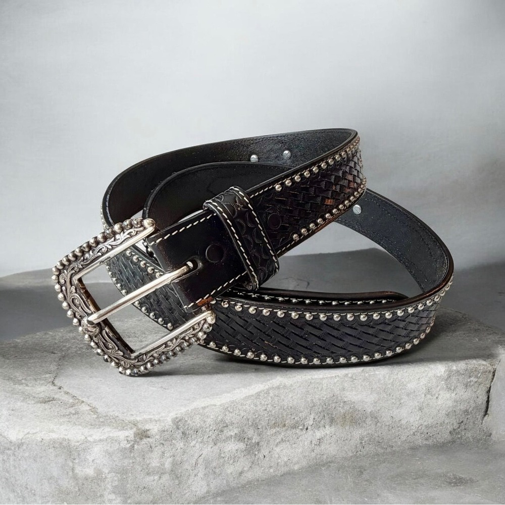 Ariat Mens Black Leather Western Belt Basketweave Studded Silver Buckle 42